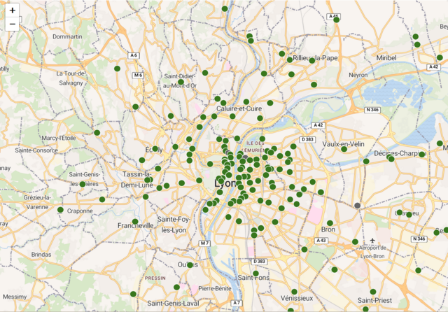 Capture de la carte des points relais disponibles pour récupérer son panier Maréchal Fraîcheur à Lyon et ses environs.